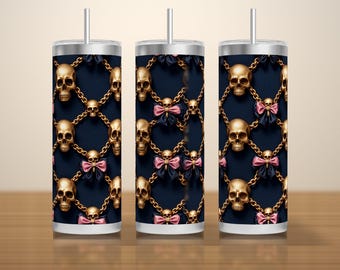 Envoltura para vaso Dark Coquette PNG sin costuras, cadena de calavera dorada con celosía y lazos de satén sobre fondo azul marino, descarga de sublimación Skinny Gothic de 20 oz