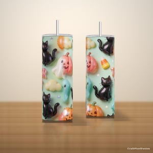Halloween 3D opblaasbare bekerhoes PNG naadloos, pluizige ballon katten spookjes Trick or Treat, 20oz smalle sublimatie download afbeelding 6
