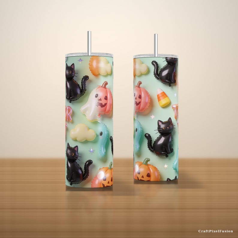 Halloween 3D opblaasbare bekerhoes PNG naadloos, pluizige ballon katten spookjes Trick or Treat, 20oz smalle sublimatie download afbeelding 6