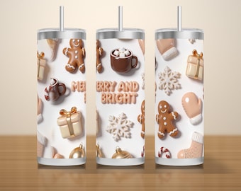 Vaso navideño inflable 3D PNG, chocolate con jengibre esponjoso y alegre y brillante, descarga de sublimación delgada sin costuras de 20 oz
