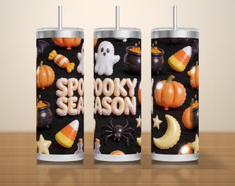 Diseño 3D inflable para vaso de Halloween (PNG), collage espeluznante sobre fondo negro, sublimación sin costuras para vasos delgados de 20 oz. ¡Descárgalo ahora!