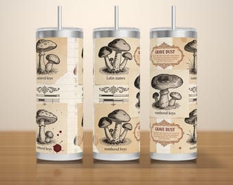 Halloween Apothecary Tumbler Wrap PNG Seamless, Engraved Mushroom Plate on Aged Sepia Paper, 20oz Skinny Sublimation Download