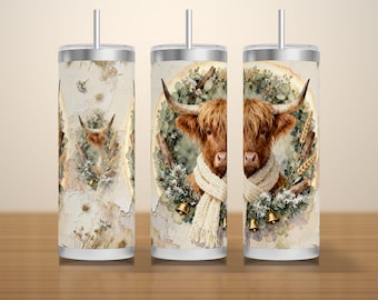 Highland Cow Christmas Tumbler Wrap PNG Seamless, Cow in a Knit Scarf and Snowy Eucalyptus Wreath, 20oz Skinny Download