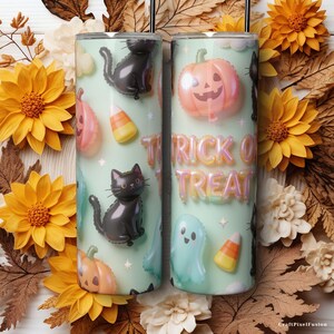 Halloween 3D opblaasbare bekerhoes PNG naadloos, pluizige ballon katten spookjes Trick or Treat, 20oz smalle sublimatie download afbeelding 9