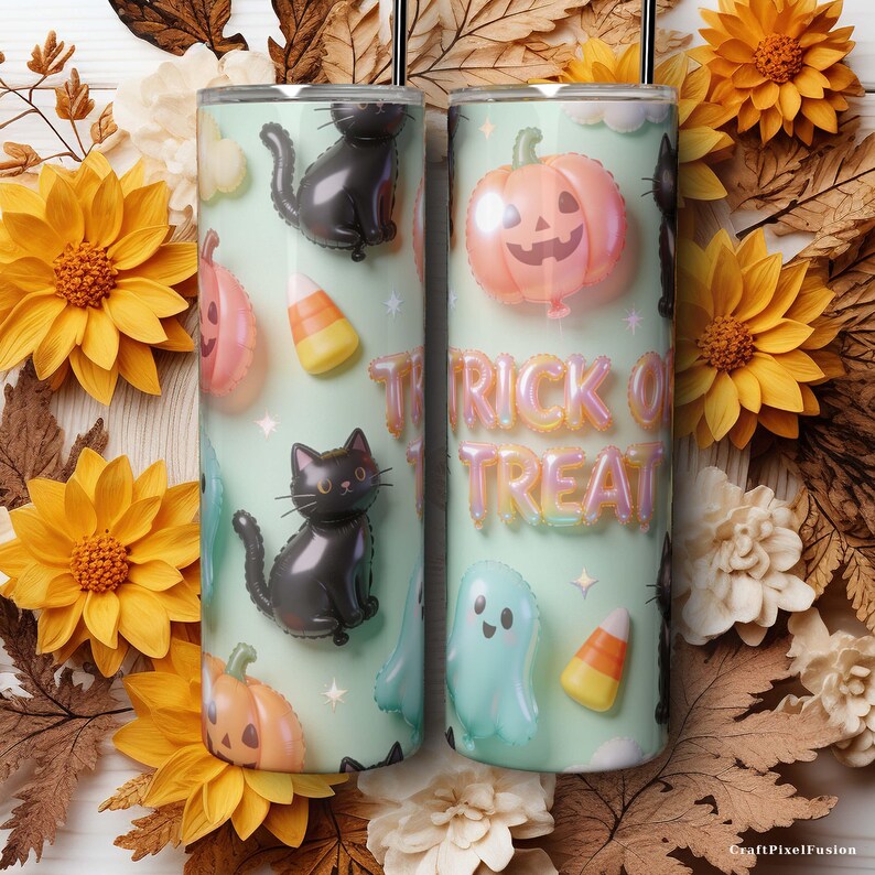 Halloween 3D opblaasbare bekerhoes PNG naadloos, pluizige ballon katten spookjes Trick or Treat, 20oz smalle sublimatie download afbeelding 9