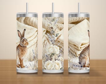 Neutral Christmas Tumbler Wrap PNG Seamless, Winter Hare with Cream Knits and White Roses, 20oz Skinny Sublimation Download