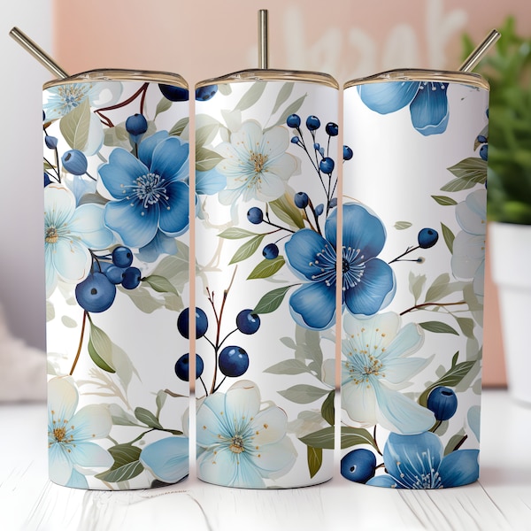 Seamless Blueberries & Blue Flowers 20oz Tumbler Wrap Sublimation Design PNG Fresh Berry Floral Blend Instant Download for Nature Lovers