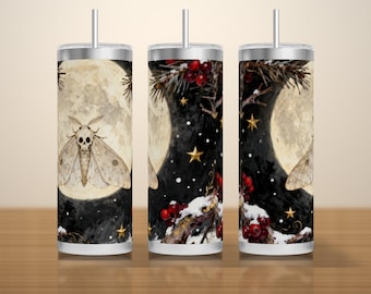 Gothmas Moth and Moon Tumbler Wrap PNG, Skull Moth Over a Full Moon with Snowy Pines, Seamless 20oz Skinny Sublimation Download