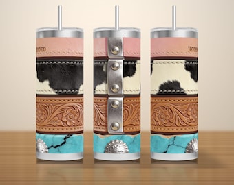 Cowhide Turquoise and Tooled Leather Tumbler Wrap PNG, Western Texture Bands with a Rodeo Stamp, Seamless 20oz Download
