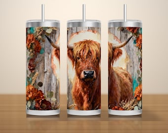 Diseño PNG para vaso térmico de vaca de las Tierras Altas, 20 oz, sublimación. Vaca pintada sobre madera rústica con corona otoñal. Diseño sin costuras. Descarga instantánea.