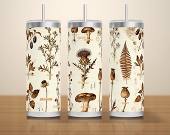 Diseño PNG de un vaso térmico con temática de herbario de brujas, plantas medicinales envenenadas prensadas sobre papel envejecido, sublimación sin costuras para vasos delgados de 20 oz, descarga instantánea.