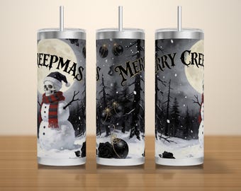 Diseño PNG para vaso Creepmas / Muñeco de nieve con calavera bajo la luna llena / Diseño gótico navideño delgado de 20 oz sin costuras / Descarga instantánea
