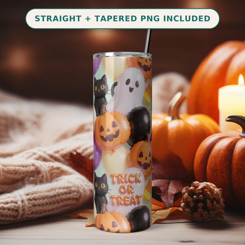 Gobelet gonflable 3D d'Halloween (PNG) : fantômes, citrouilles, chats noirs, bonbons de maïs, bonbons ou un sort ! Téléchargement sans couture pour gobelet fin de 590 ml (20 oz). image 1