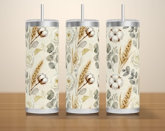 Diseño PNG de envoltura botánica color crema para vaso, estampado sin costuras de algodón trigo y eucalipto, diseño delgado de sublimación de 20 oz, descarga instantánea.