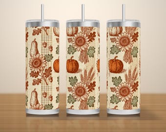 Diseño PNG sin costuras para vaso térmico de otoño, calabazas, trigo y girasoles en estilo lineal, vaso delgado de 20 oz para Acción de Gracias en tonos neutros. Descarga disponible.