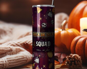 Diseño PNG para vaso térmico "Trick or Treat Squad", 20 oz, diseño delgado para sublimación, Halloween, recto y cónico, descarga instantánea.