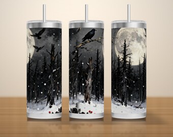 Diseño PNG de envoltura para vaso con temática de bosque invernal gótico, cuervos a la luz de la luna y pinos negros, diseño de sublimación sin costuras para vasos delgados de 20 oz, descarga instantánea.
