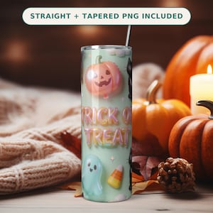 Halloween 3D opblaasbare bekerhoes PNG naadloos, pluizige ballon katten spookjes Trick or Treat, 20oz smalle sublimatie download afbeelding 1