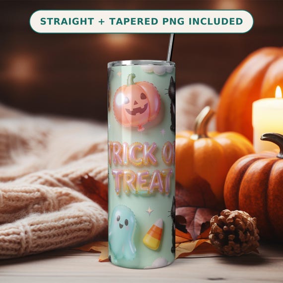 Halloween 3D Inflated Tumbler Wrap PNG Seamless, Puffy Balloon Cats Ghosts Trick Or Treat, 20oz Skinny Sublimation Download