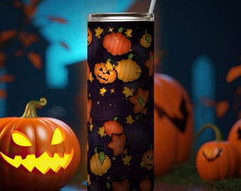 Diseño PNG para vaso térmico Pumpkin Patch Midnight, 20 oz, diseño delgado por sublimación, Halloween, recto y cónico, descarga instantánea.