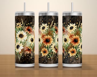 Watercolor Sunflower Tumbler Wrap PNG Seamless, Painterly Sunflower Field on a Moody Dark Ground, 20oz Skinny Download