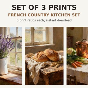 May include: A set of 3 prints titled SET OF 3 PRINTS FRENCH COUNTRY KITCHEN SET 5 print ratios each, instant download. The images show a white pitcher with lavender, two loaves of bread on a wooden table, and a copper pot with fresh vegetables.