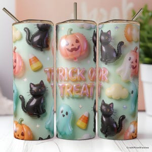 Halloween 3D opblaasbare bekerhoes PNG naadloos, pluizige ballon katten spookjes Trick or Treat, 20oz smalle sublimatie download afbeelding 8