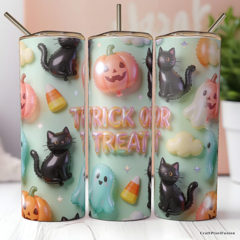 Halloween 3D opblaasbare bekerhoes PNG naadloos, pluizige ballon katten spookjes Trick or Treat, 20oz smalle sublimatie download afbeelding 8