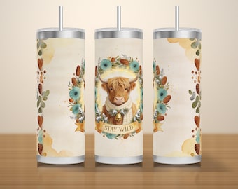 Christmas Highland Cow Tumbler Wrap PNG 20oz, Painterly Cow in a Winter Bloom Wreath, Seamless Skinny Sublimation Download