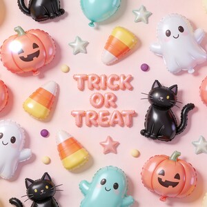 Halloween 3D opblaasbare bekerwikkel PNG, pluizige ballonnen, spoken, katten, pompoenen, snoepmaïs, Trick or Treat, blush pastel naadloos downloaden afbeelding 2