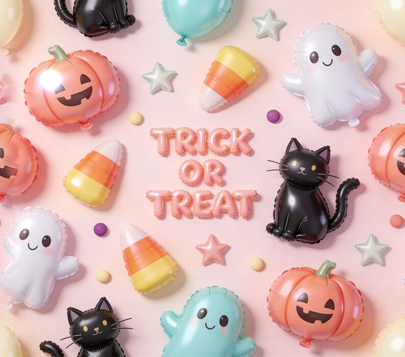 Halloween 3D opblaasbare bekerwikkel PNG, pluizige ballonnen, spoken, katten, pompoenen, snoepmaïs, Trick or Treat, blush pastel naadloos downloaden afbeelding 2