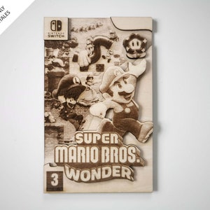 May include: A wooden cutout of the Super Mario Bros. 3 Wonder game cover art for the Nintendo Switch. The image features Mario and Luigi in a 3D style, with the game title and logo.