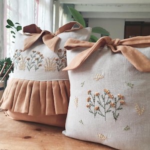 Set of 2 Hand Embroidered Linen Cushion Covers – Ocre Meadow Botanical Pillows, Ruffle & Bow Cottage Cushions, Natural Farmhouse Decor