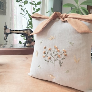 Ocre Hand Embroidered Linen Cushion Cover –  Meadow Bow Pillow, Botanical Cottage Cushion, Natural Farmhouse Decor, 30x30 cm
