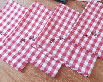 Red gingham hand embroidered Christmas cotton napkins