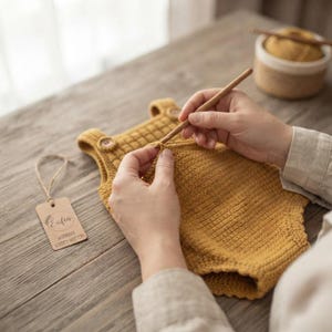 May include: A mustard yellow crocheted romper featuring a textured stitch pattern and two small buttons at the shoulder straps. A rectangular cardboard tag with the text Eufin and WONDRE ESSERY COTTON is attached to the garment with a thin twine string.