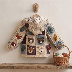 May include: A hooded crochet jacket constructed from square panels featuring appliqués of a fox, bear, deer, rabbit, mushrooms, and leaves. The garment is crafted in shades of cream, brown, blue, and purple, with a patterned lining visible inside.