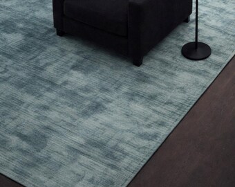 Aqua Blue Viscose Rug Handloom Tip Sheared Custom Size Soft Area Modern Minimalist Living Room Carpet Luxury Bedroom Decor Bamboo Silk