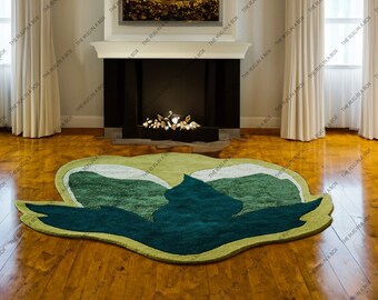 Amoeba - Dark Green flower, Irregular Shaped Throw Rug Hand-Tufted Wool Handmade Area Rug Carpet for Home, Bedroom, Living Room, Kids Room