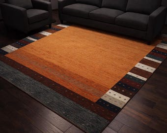 Orange Gabbeh Handloom Rug Wool Terracotta Custom Size Area carpet Soft Tribal Geometric Border Handwoven Modern Rustic Living Room  Decor