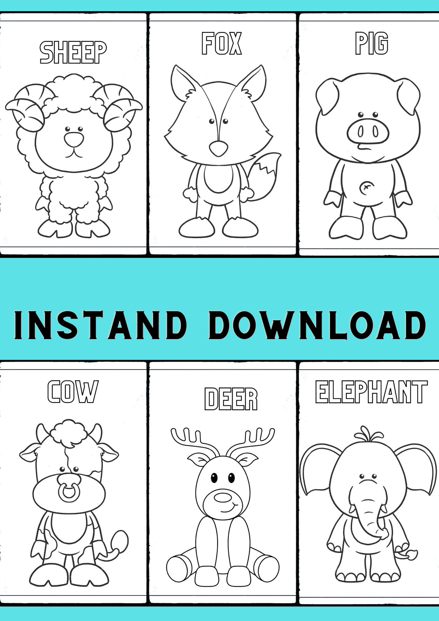 20 Cute Animals Coloring Pages, Simple Coloring Pages for Kids