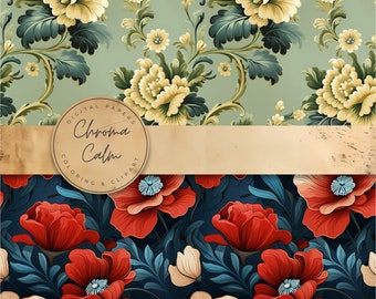 Paquete de patrones florales sin costuras de inspiración vintage: descarga digital, fondos de flores retro para álbumes de recortes, invitaciones, manualidades de bricolaje