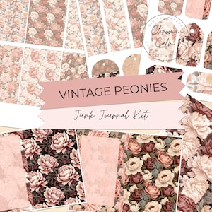Vintage Peony Junk Journal Kit - Retro Peony Flower Printable Journal Pages and Emphermera