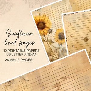 Distressed Lined Vintage Sunflower Journal Pages, Printable Note Paper, Junk  Journal Half Pages