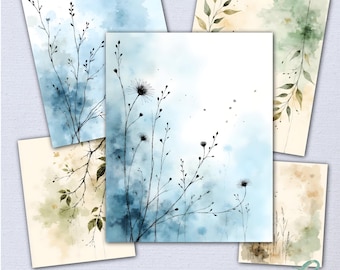 Botanical Watercolor Paper Pack | 12 Printable Junk Journal Backgrounds | Soft Textured Botanical Papers