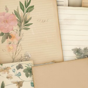 May include: A vintage-style background with three different paper textures. The top left paper features a floral design with pink and white flowers and green leaves. The top right paper has a lined pattern. The bottom paper is a solid beige colour. The text "The Day I" is written on the top left paper.