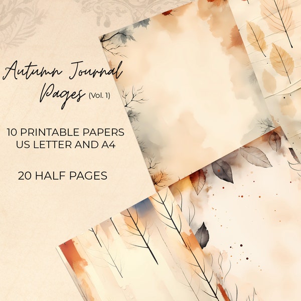 Autumn Junk Journal Pages, Fall Leaves craft papers, 20 Half Pages, 10 Double Pages (vol.1)