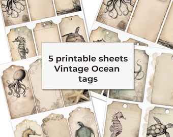 Vintage Ocean Tags,  Sea Journal Ephemera, Digital download, Gift Tags