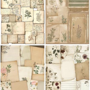May include: A set of four vintage-style paper sheets with floral designs and handwritten text. The papers are in shades of brown, beige, and white, and feature various botanical illustrations.