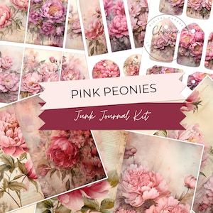 Pink Peonies Junk Journal Kit - Printable Peony Flower Pages and Ephemera, Peony Digital Papers